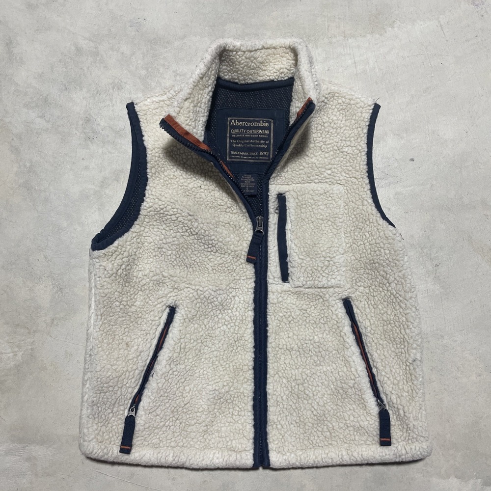 Abercrombie Sherpa Fleece Vest Women's SZ Small Cream Navy Full Zip Pockets Y2K